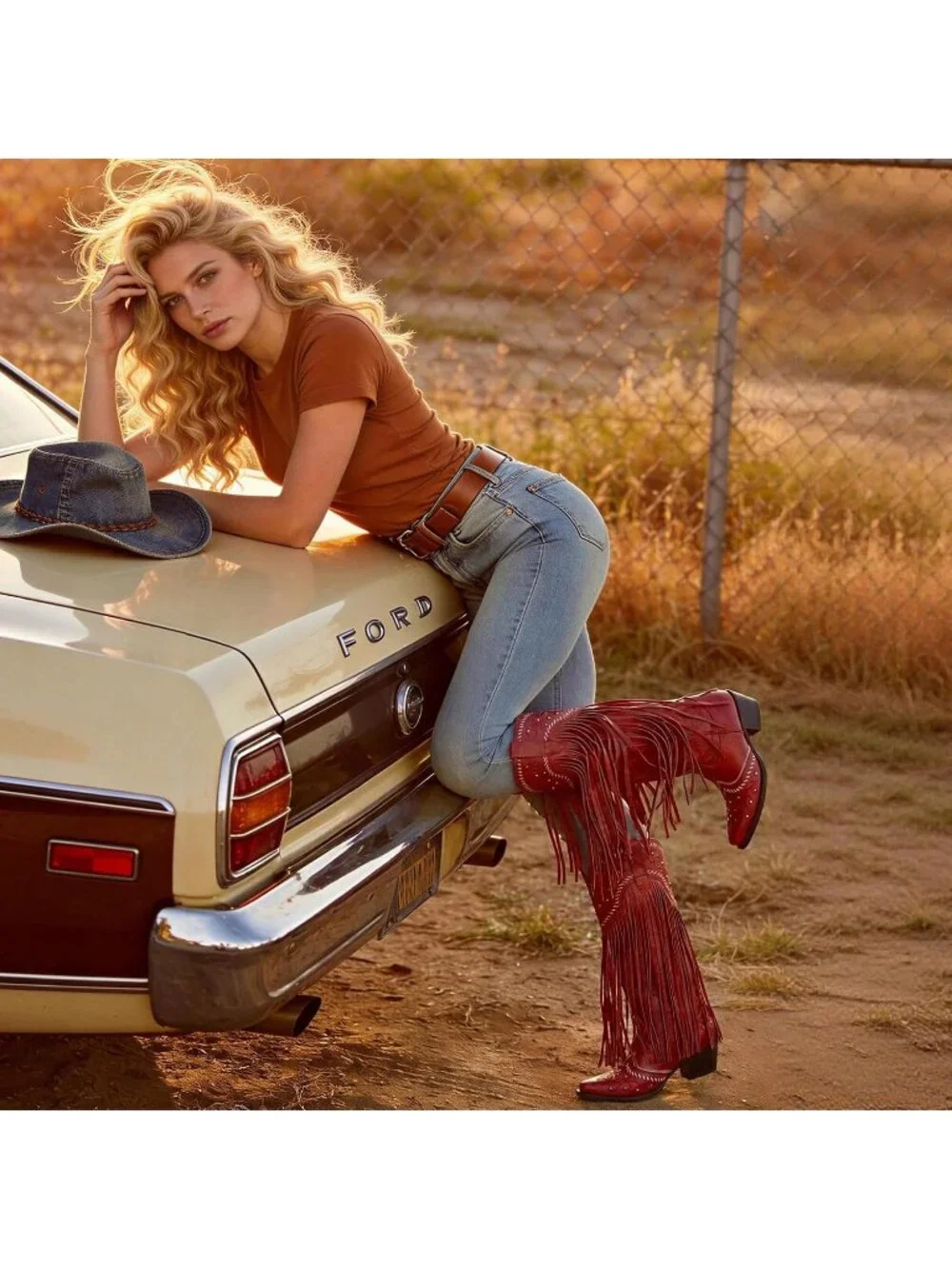 Women's Red Knee High Pointed Toe Fringe Cowboy Mid Block Heel Boots